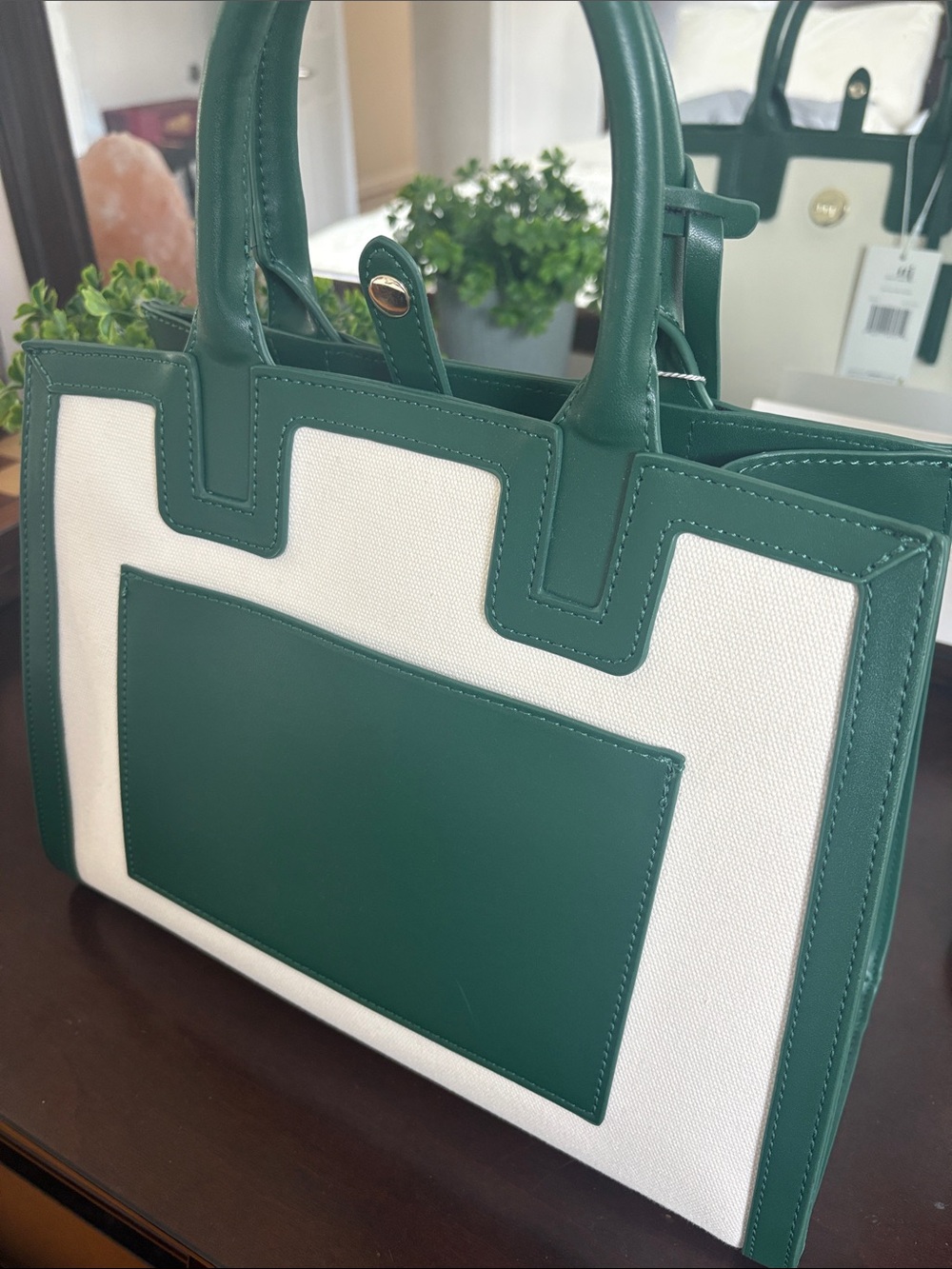 Canvas & Green Trim Satchel Tote - Picture 3 of 5